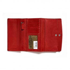 red leather open purse